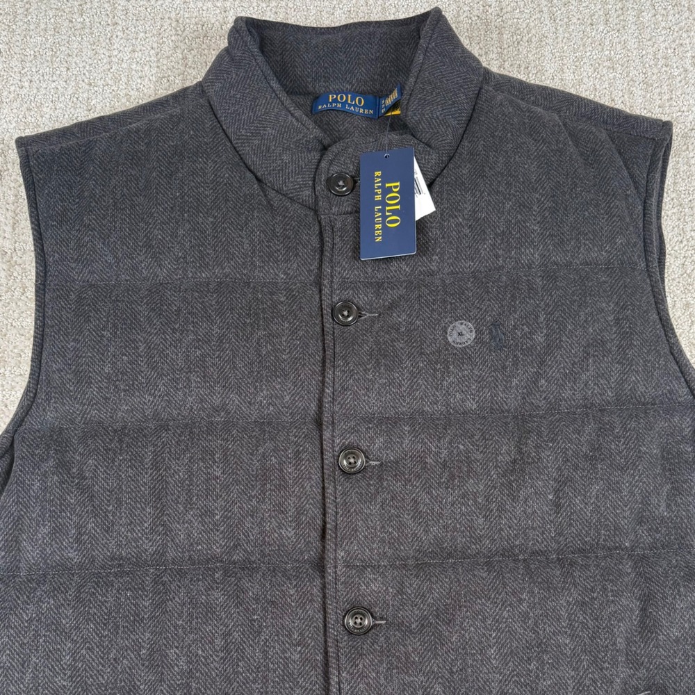 NEW Polo Ralph Lauren Mens XL Gray Herringbone Quilted Puffer Vest
